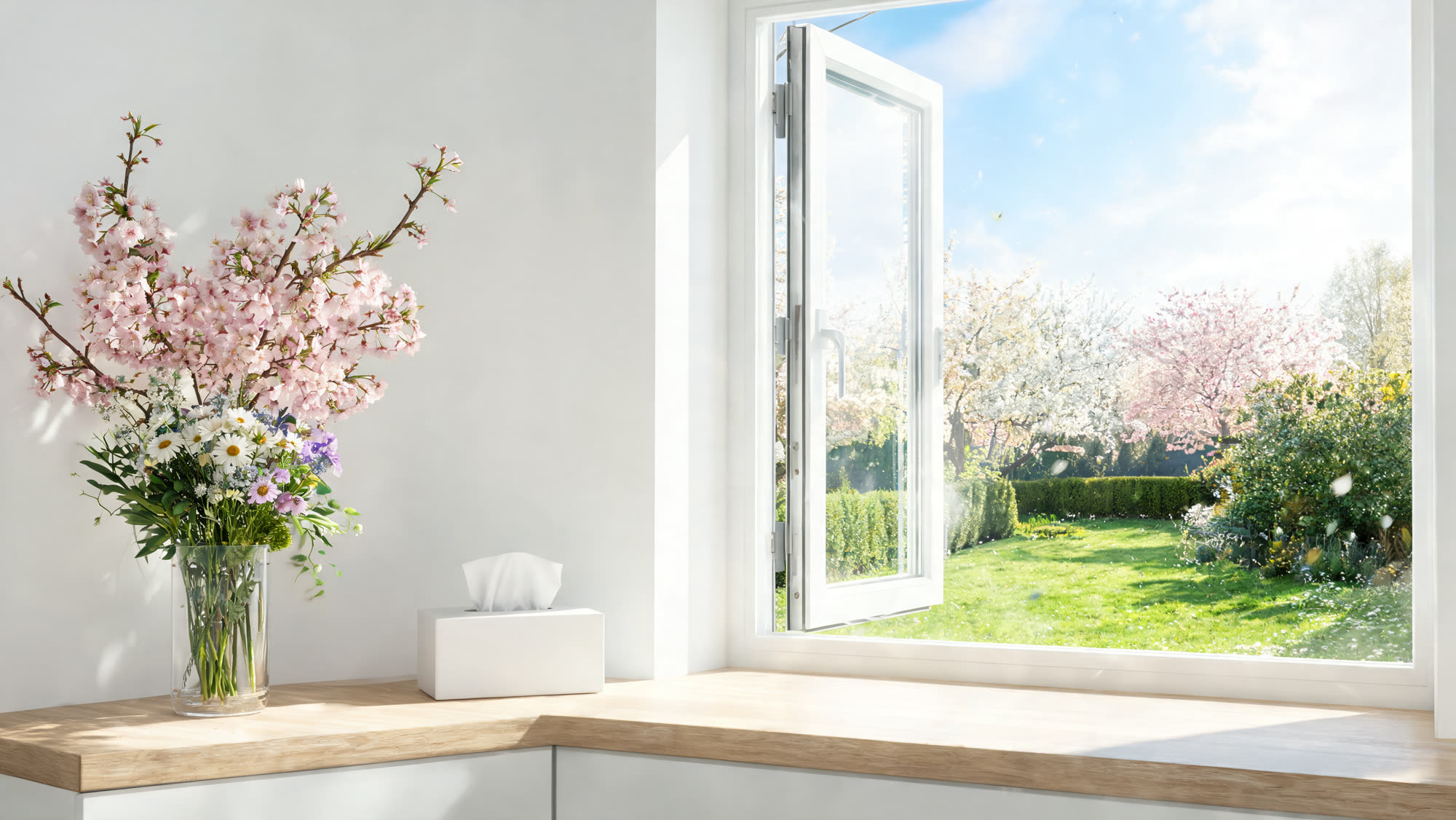 Sonnige Fensterbank mit blühenden Zweigen, Taschentüchern und Blick in den Frühlingsgarten