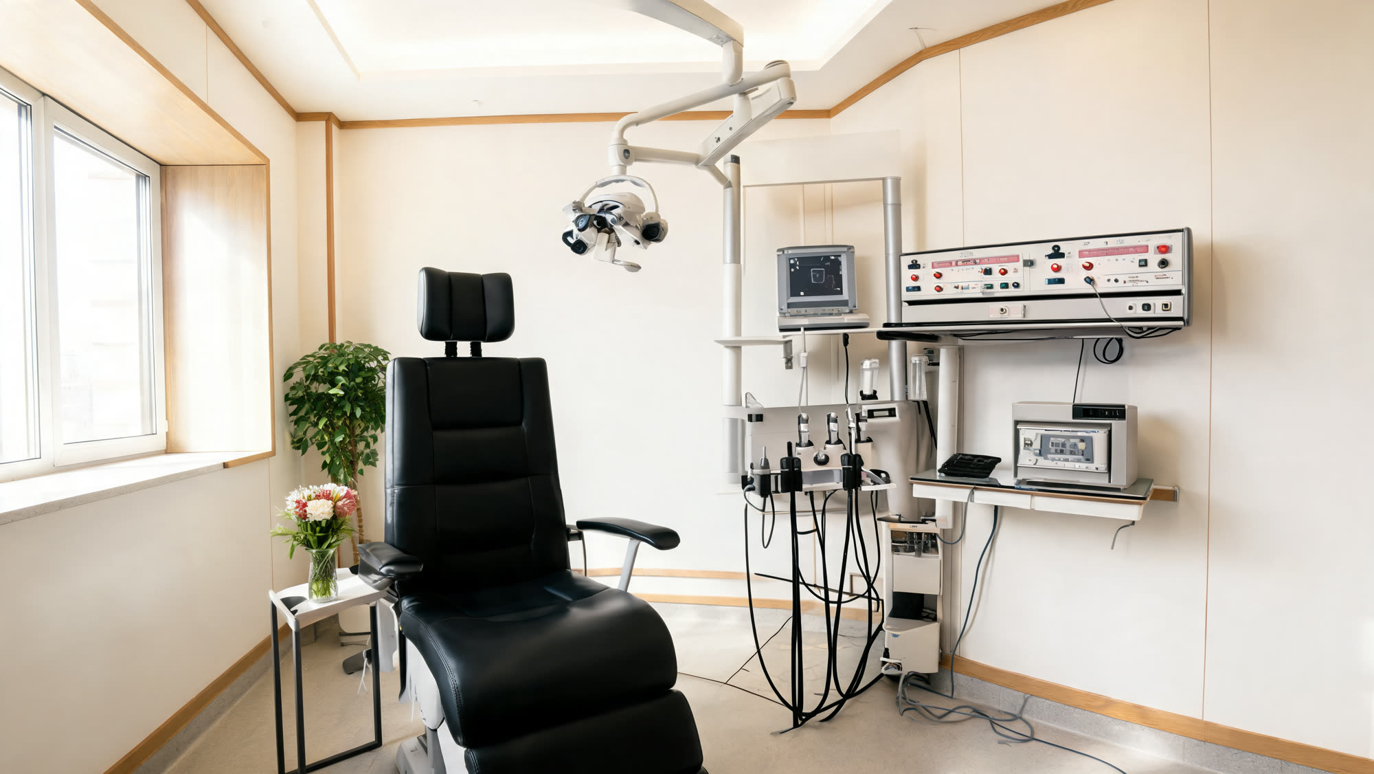 Heller HNO-Untersuchungsraum mit Behandlungsstuhl, Untersuchungsmikroskop und Diagnostikgeräten