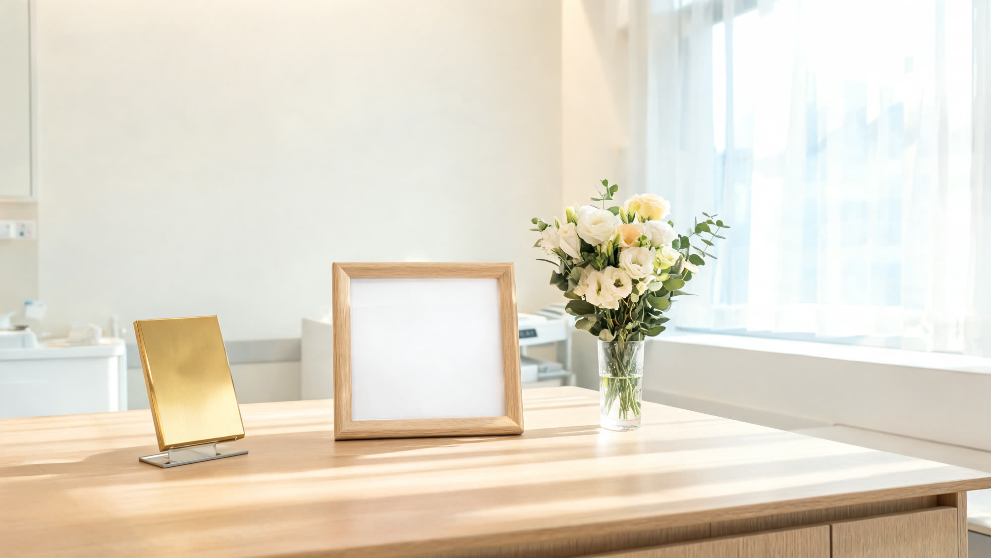Festlicher Tisch mit Messingschild, gerahmter Urkunde und Blumenstrauß