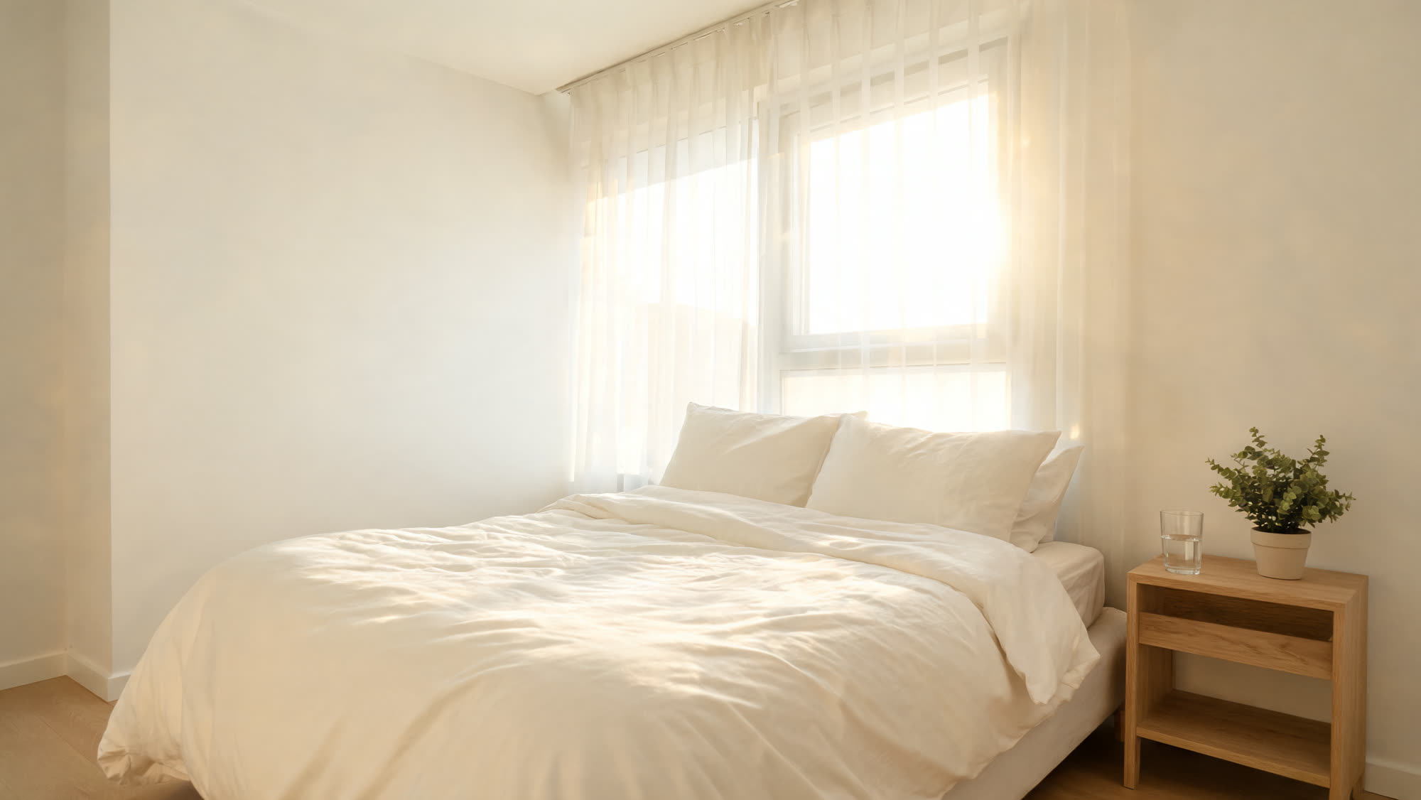 Helles, ruhiges Schlafzimmer im Morgenlicht